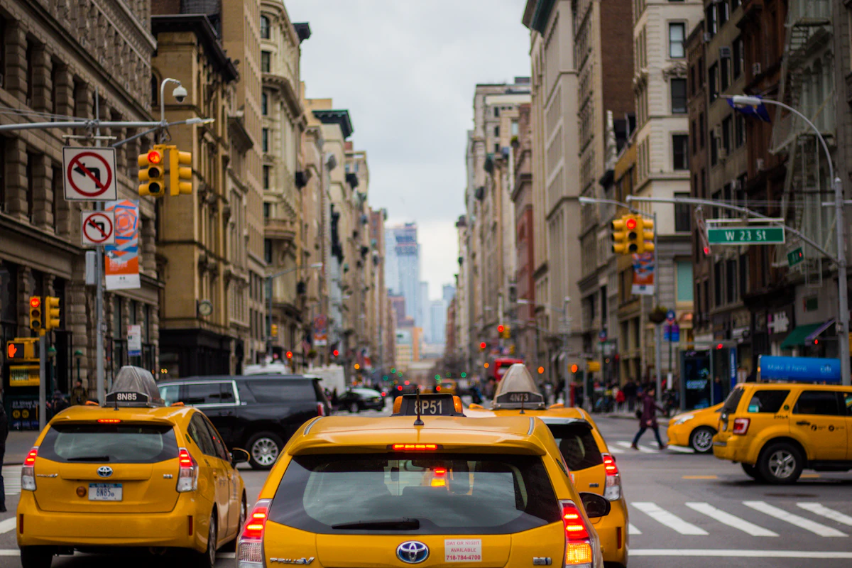 Yellow taxis on a busy city street
