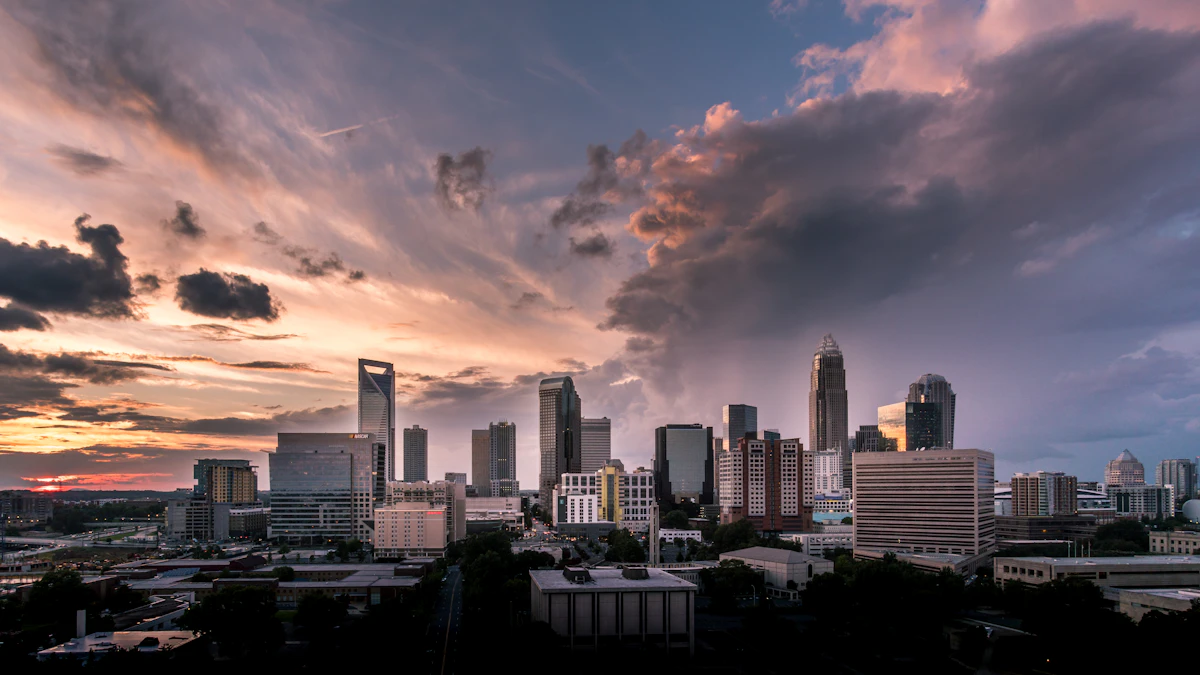 City skyline at sunset