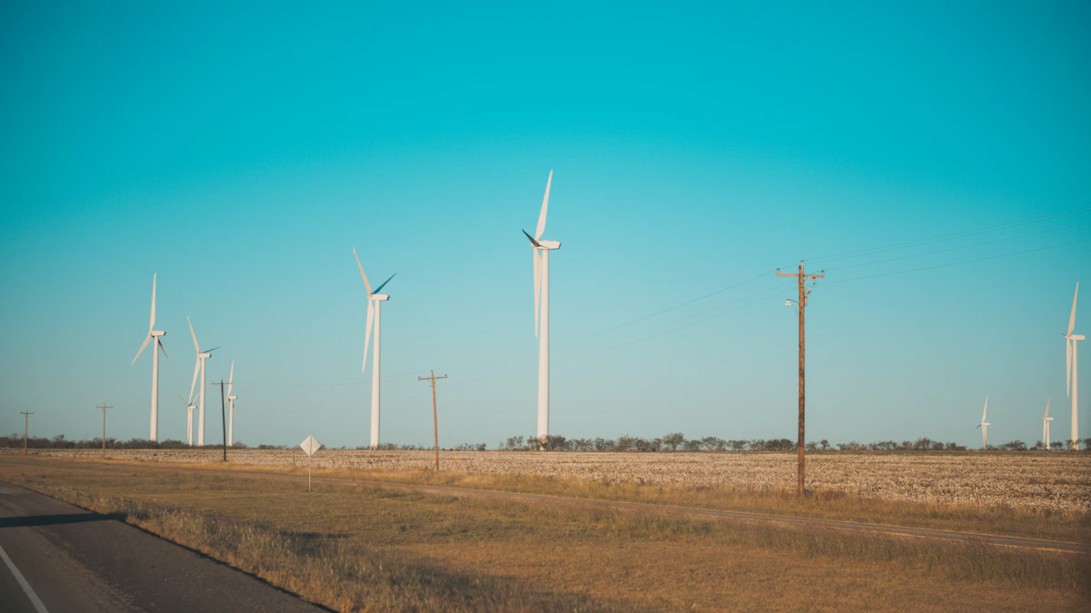 Wind turbines across a flat landscape