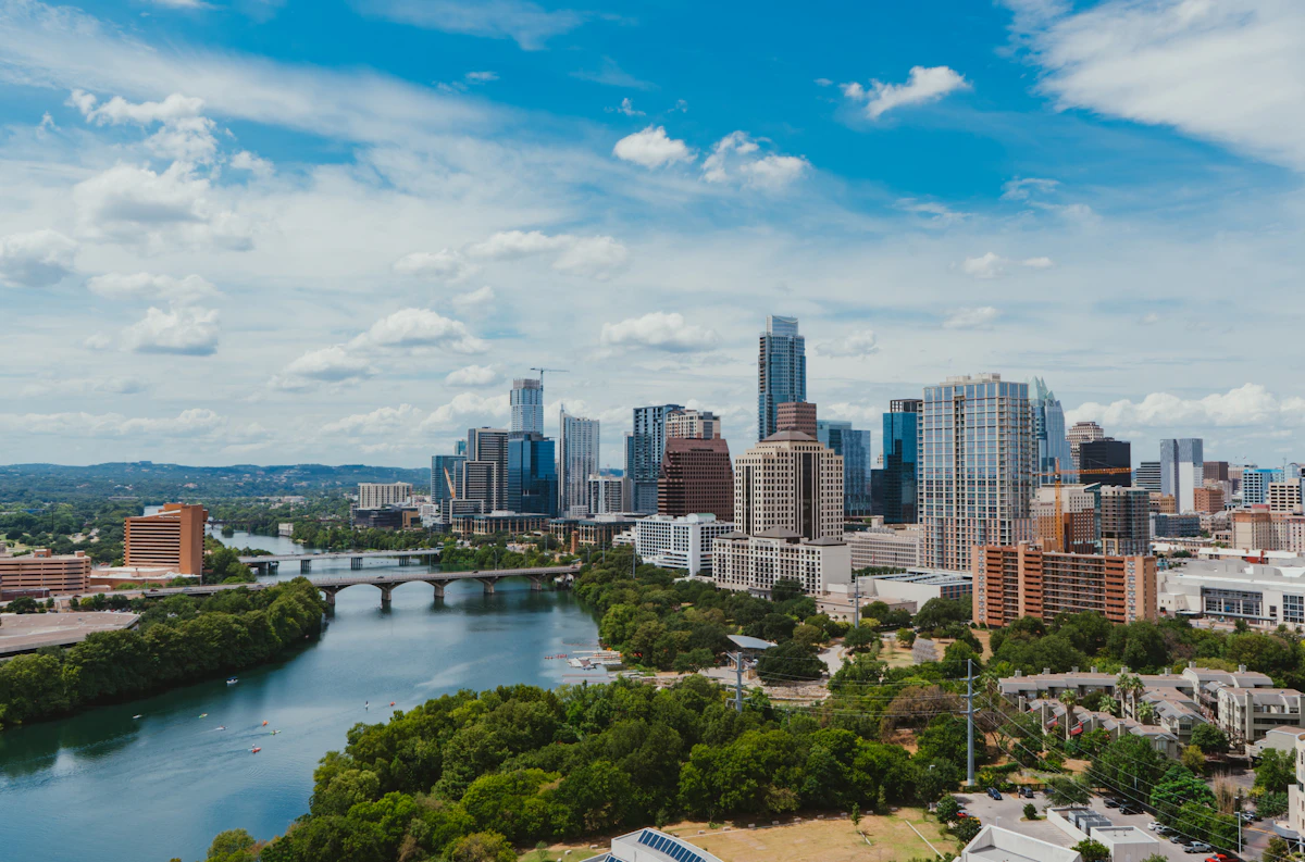 River beside downtown buildings