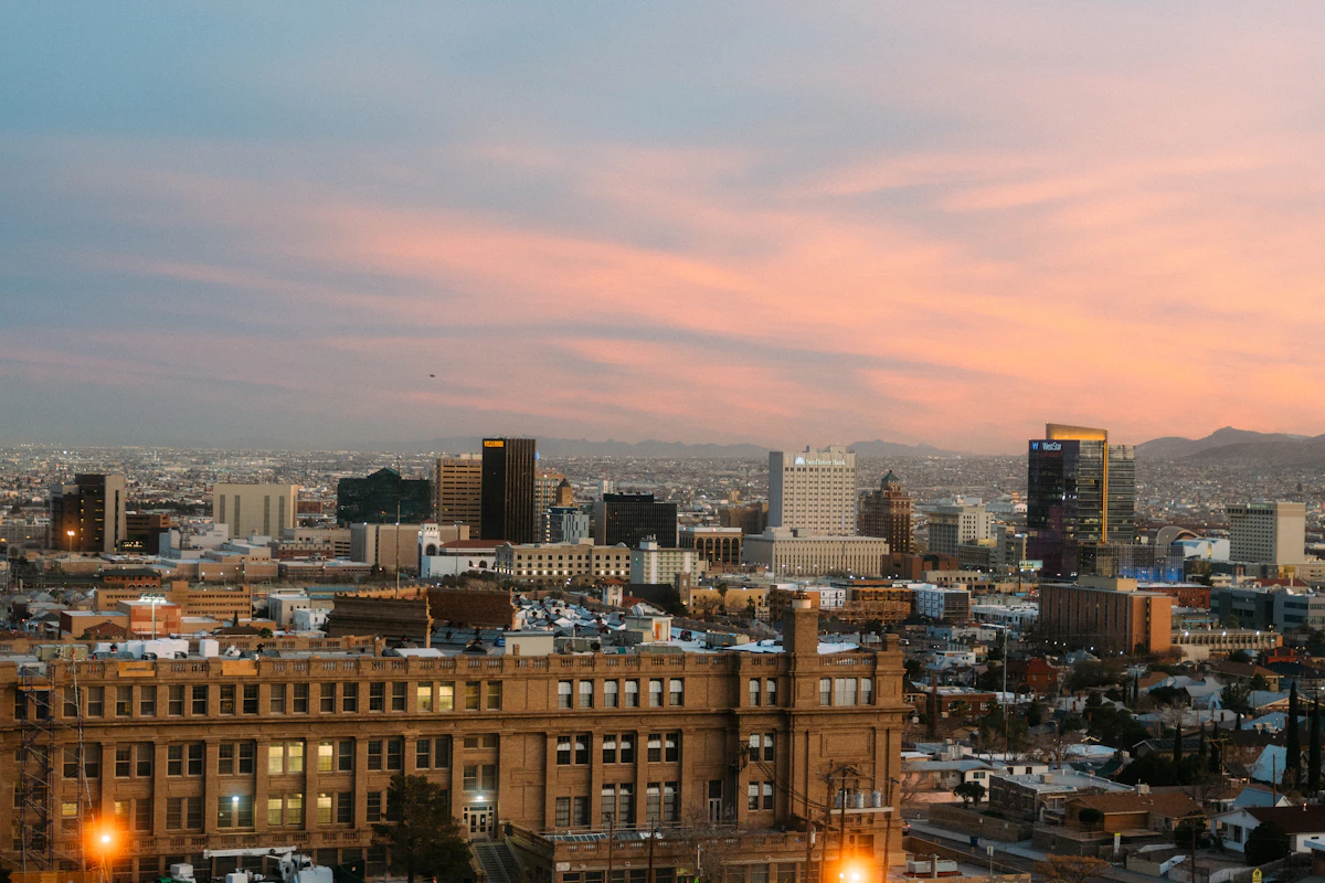 City view at sunset from a hillside